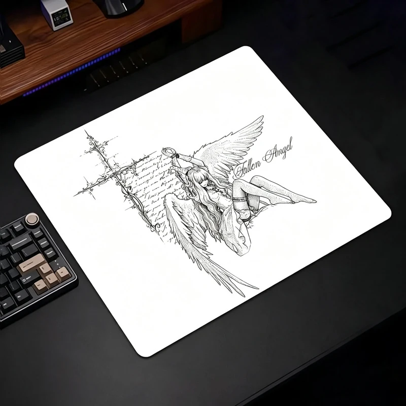 Black White Gothic Retro Angel Wings Glass Gaming Mouse Pad For FPS Smooth Frosted Surface Desk Mat Tempered Upgrade Office Pad