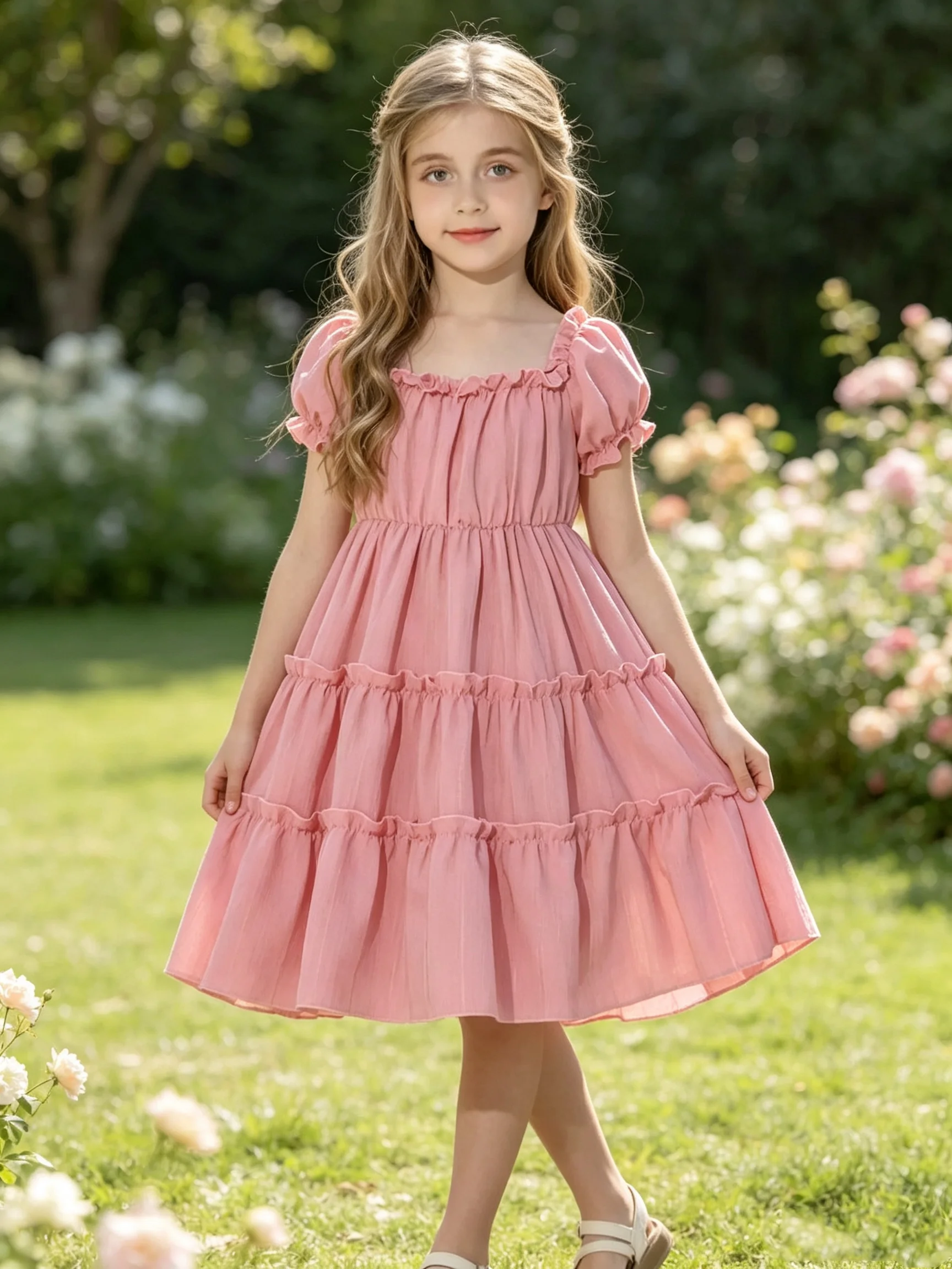 Children's Casual Elegant Solid Color Square Collar Dress with Lace Bubble Sleeves And Medium Long Skirt