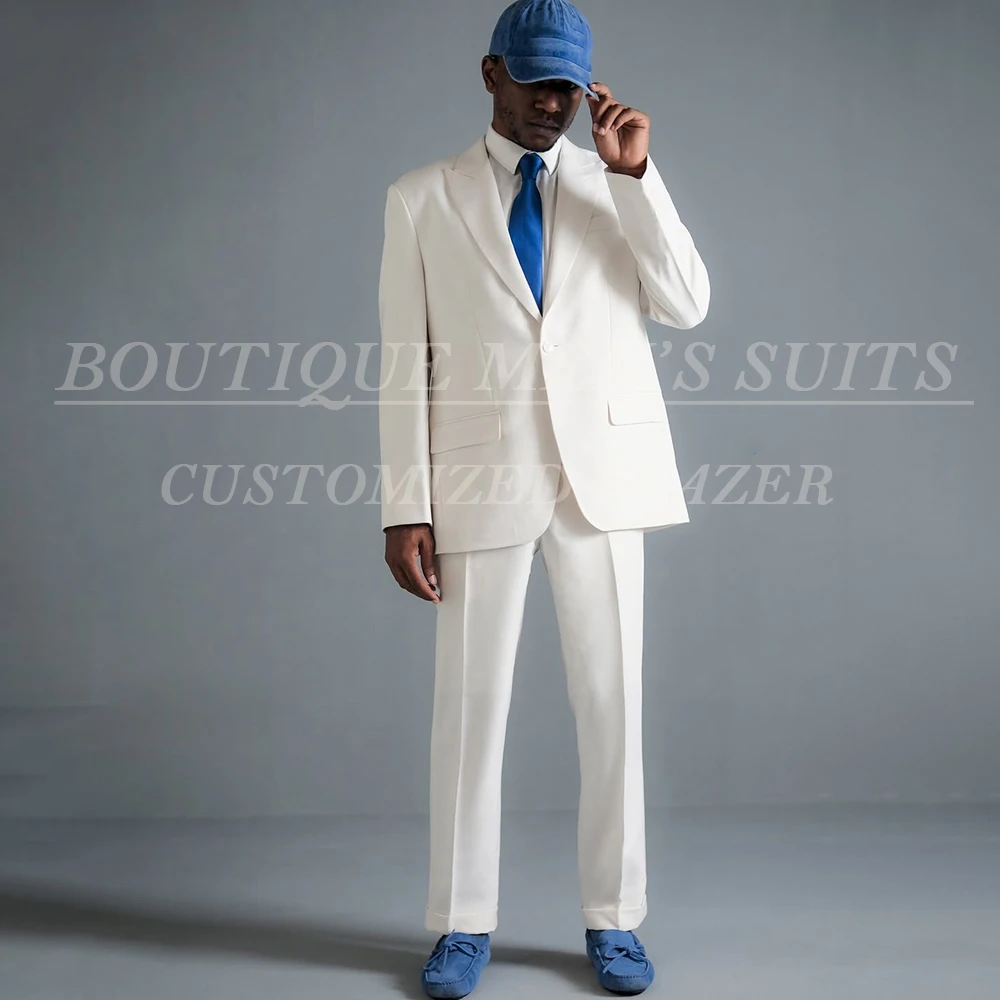 

Белые мужские костюмы, комплект из 2-х предметов, куртка, брюки, полный комплект, роскошная мужская одежда с острым лацканом на одной пуговице, свадебные наряды высокого качества, костюм