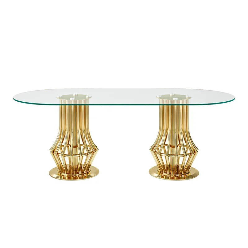 

Light luxury stainless steel dining table Hong Kong style, oval household Italian glass dining table