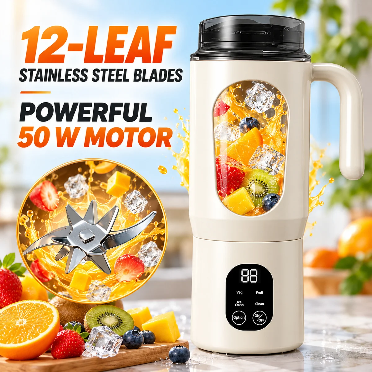 Portable Blender Cup 580mL, Rechargeable Smoothie Maker with 12-Blade Stainless Steel, 4 Modes & Digital Display
