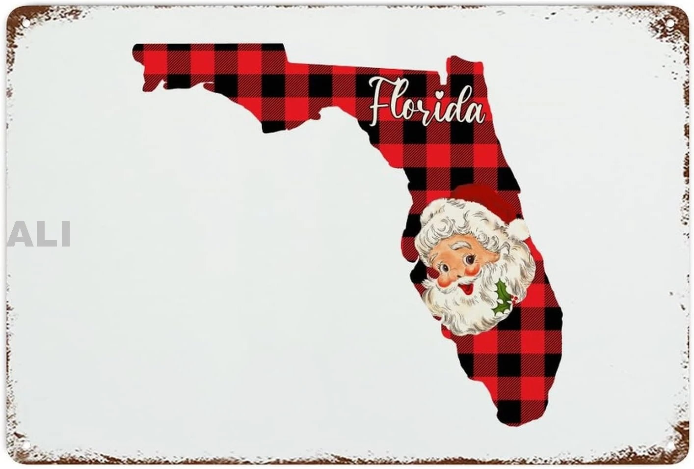 Florida State with Santa Claus Red Buffalo Plaid Metal Signs Retro Wall Plaque US Cities Gifts Metal Tin Sign for Garage Ma sign