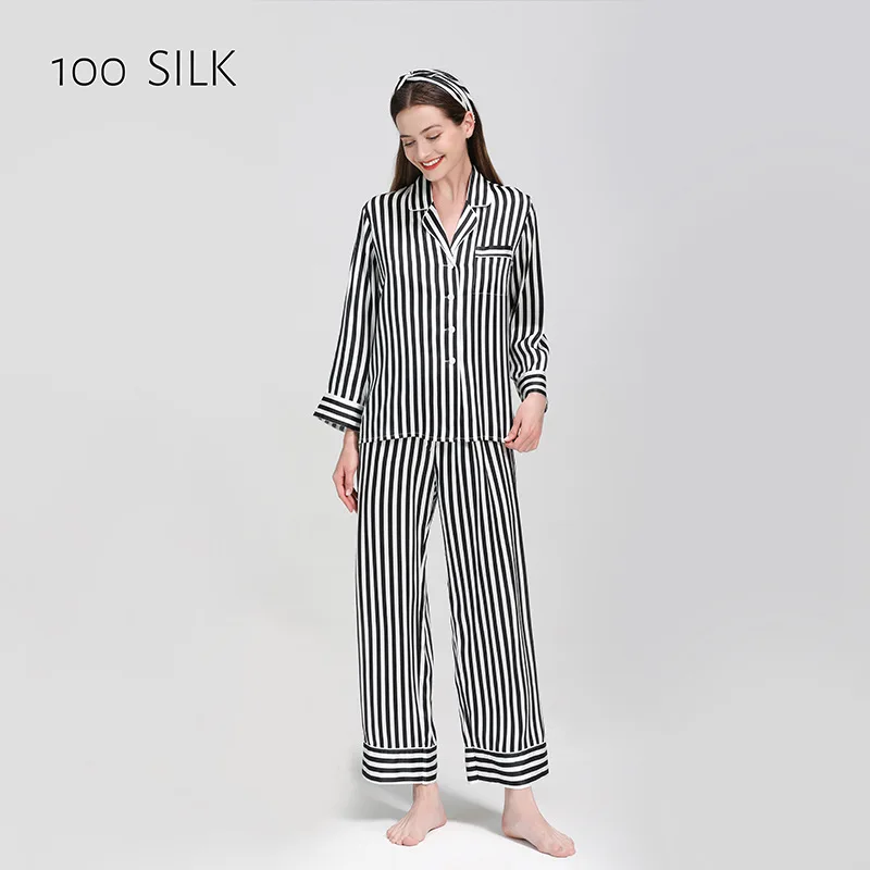 High Quality Natural 19momme Striped Real Silk Pajamas Suit Homewear