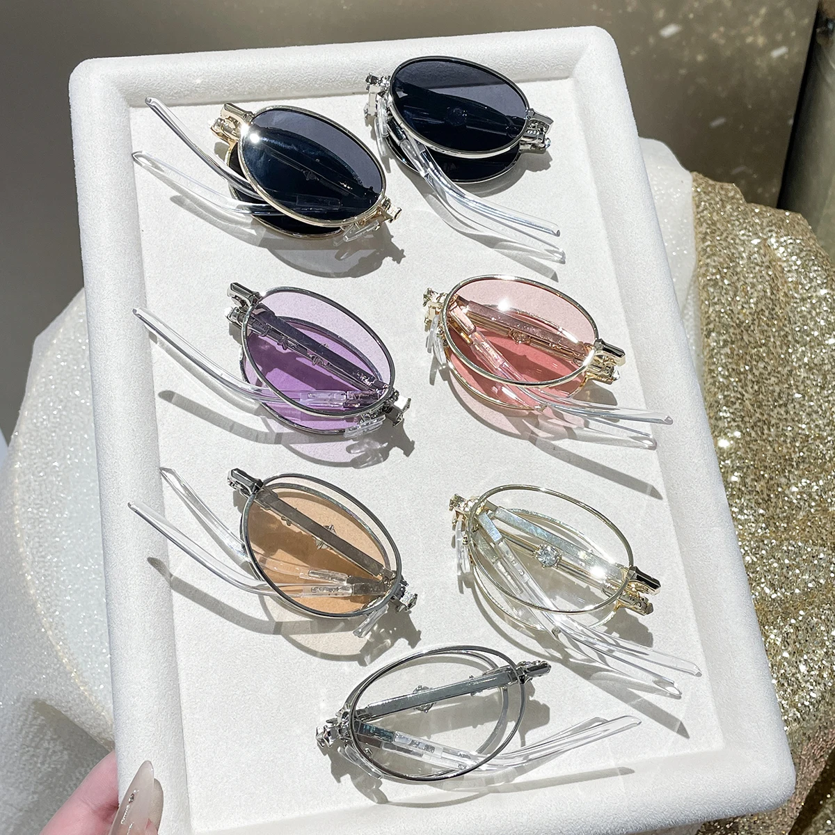 1 Stück Unisex Sonnenbrille Neue Faltbare Metall-Universalbrille Ovale Form Personalisiertes Vielseitiges Diamant-Verziertes Design Trendiges Street-Style-Design – Detail 7