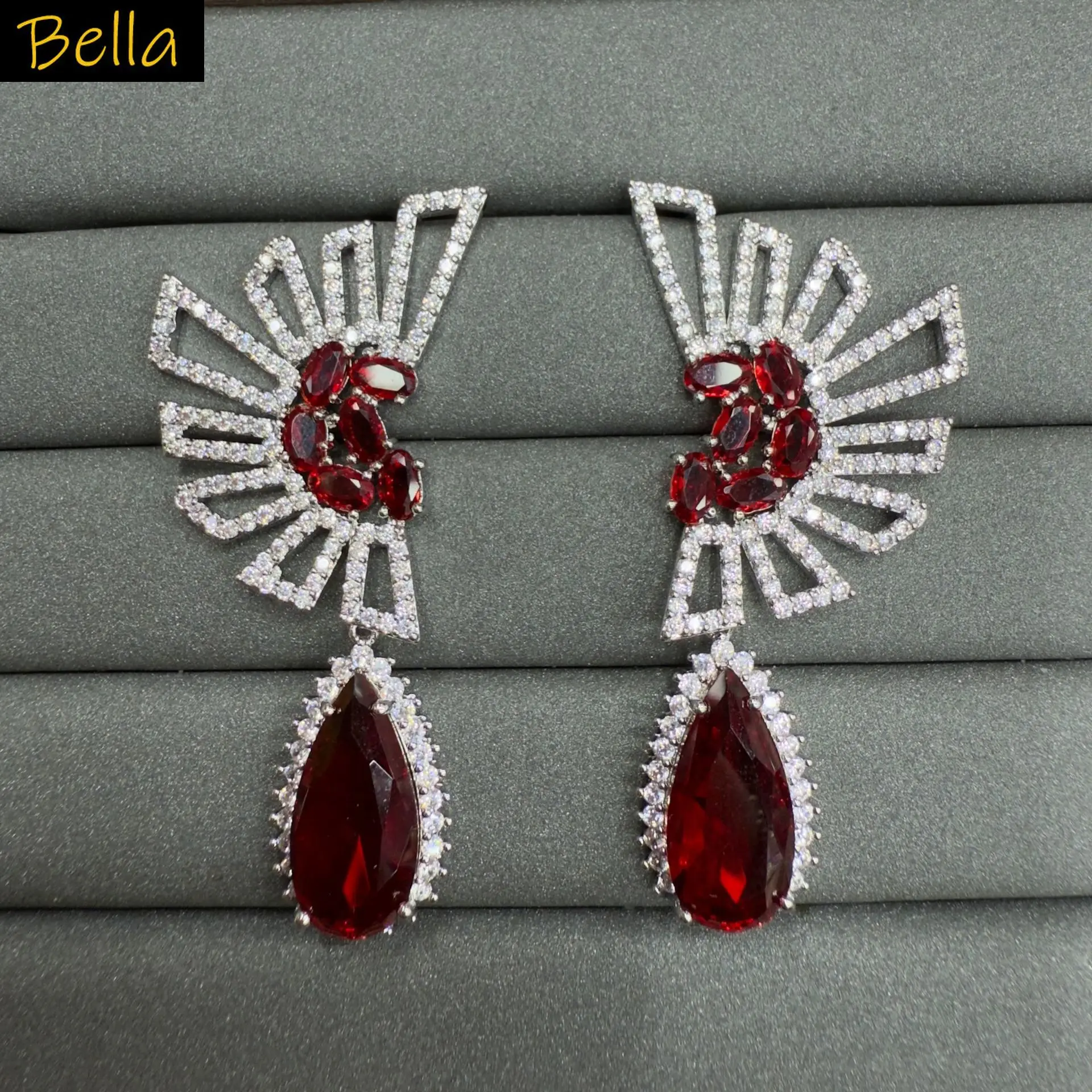 

fashion cubic zirconia earrings for women unique shiny jewelry dinner party teardrop dangling earrings silver color red