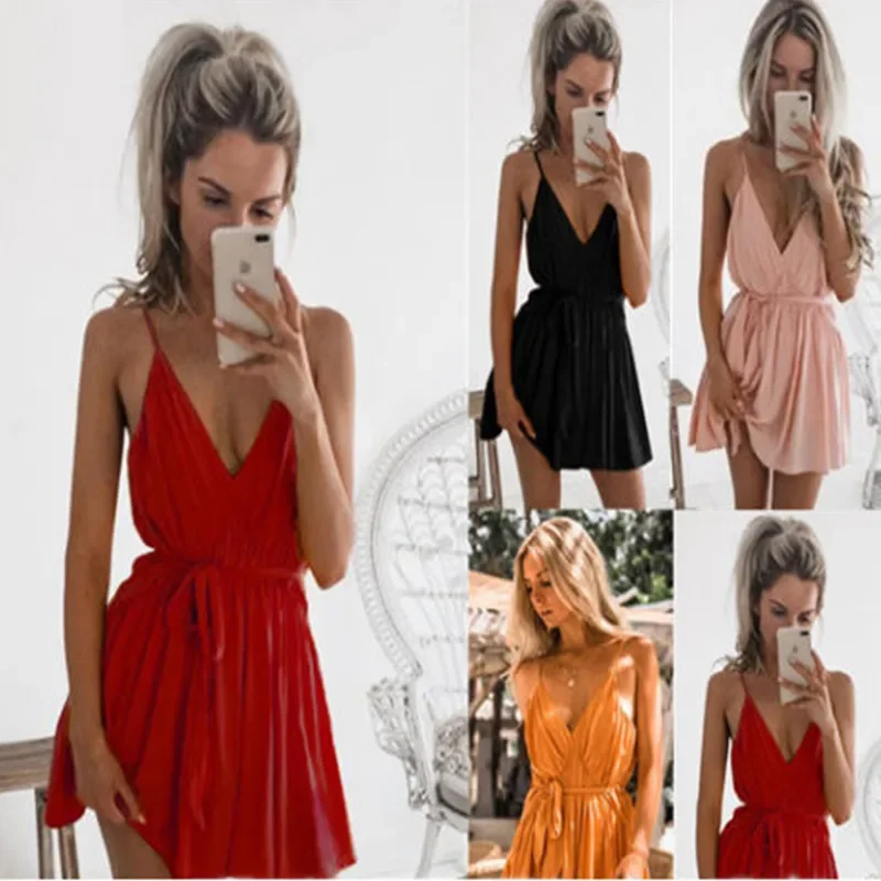 

Summer Sexy Deep V Neck Spaghetti Straps Women's Empire Dress Fashion Backless Solid Pleated Belt Beach Ladies Mini Dresses