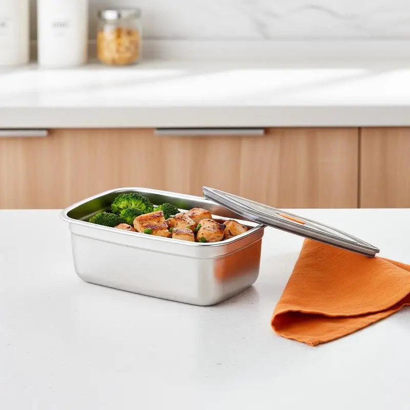 Leak-proof Stainless Steel Lunch Box 2 Section Bento Food Storage Portable for Outdoor School Office Healthy Meals