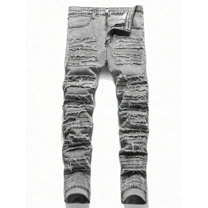 

Ripped Straight Jeans Men's Blue Denim Pants Non-Shrinkage Straight Leg Torn Jeans Spring Season Unisex Rope Closure