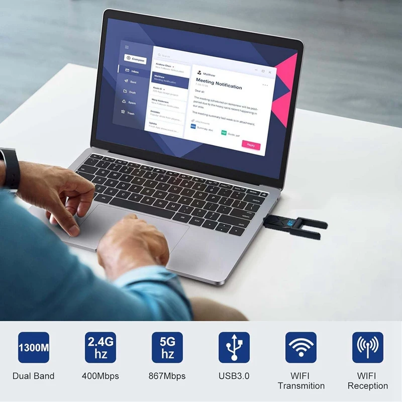 Wireless USB Wifi Adapter For Desktop PC, 1300Mbps Wifi Network Adapter 2.4G/5Ghz, Wireless Adapter For Windows 11/10, Durable