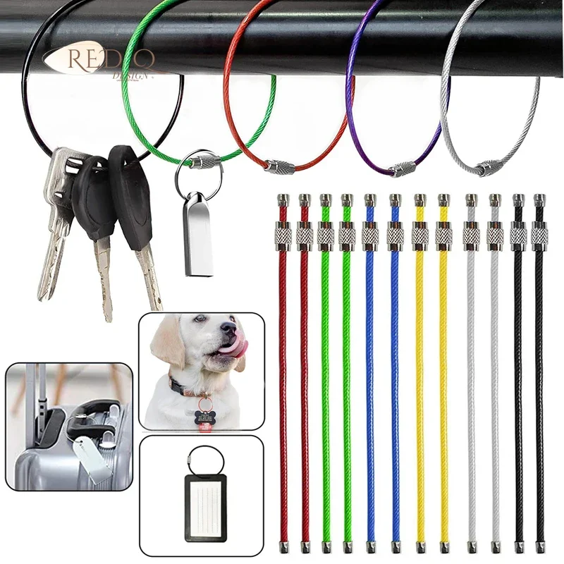 

10pc 6 Colors Keychain Tag Rope Stainless Steel Wire Cable Loop Screw Lock Gadget Rings Key Keyring Circle Camp Hand Tool