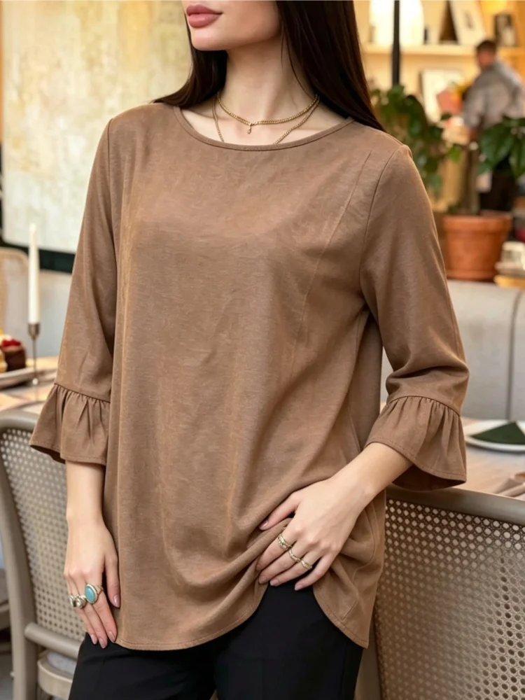 New Chic Fall Ruffle Flare 3/4 Sleeve Women Tops Round‑Neck Loose T‑Shirt Casual Pullover Spring Daily Wear Tees Blouse