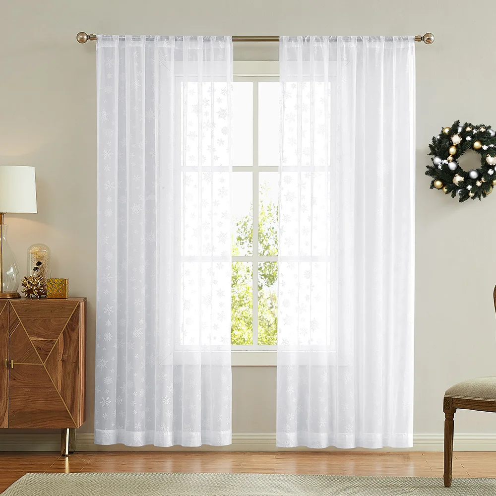 JINCHAN 2 Panels White Snowflake Curtains For Living Room Bedroom Rod Pocket Window Curtain Modern Deco Sheer Drapes