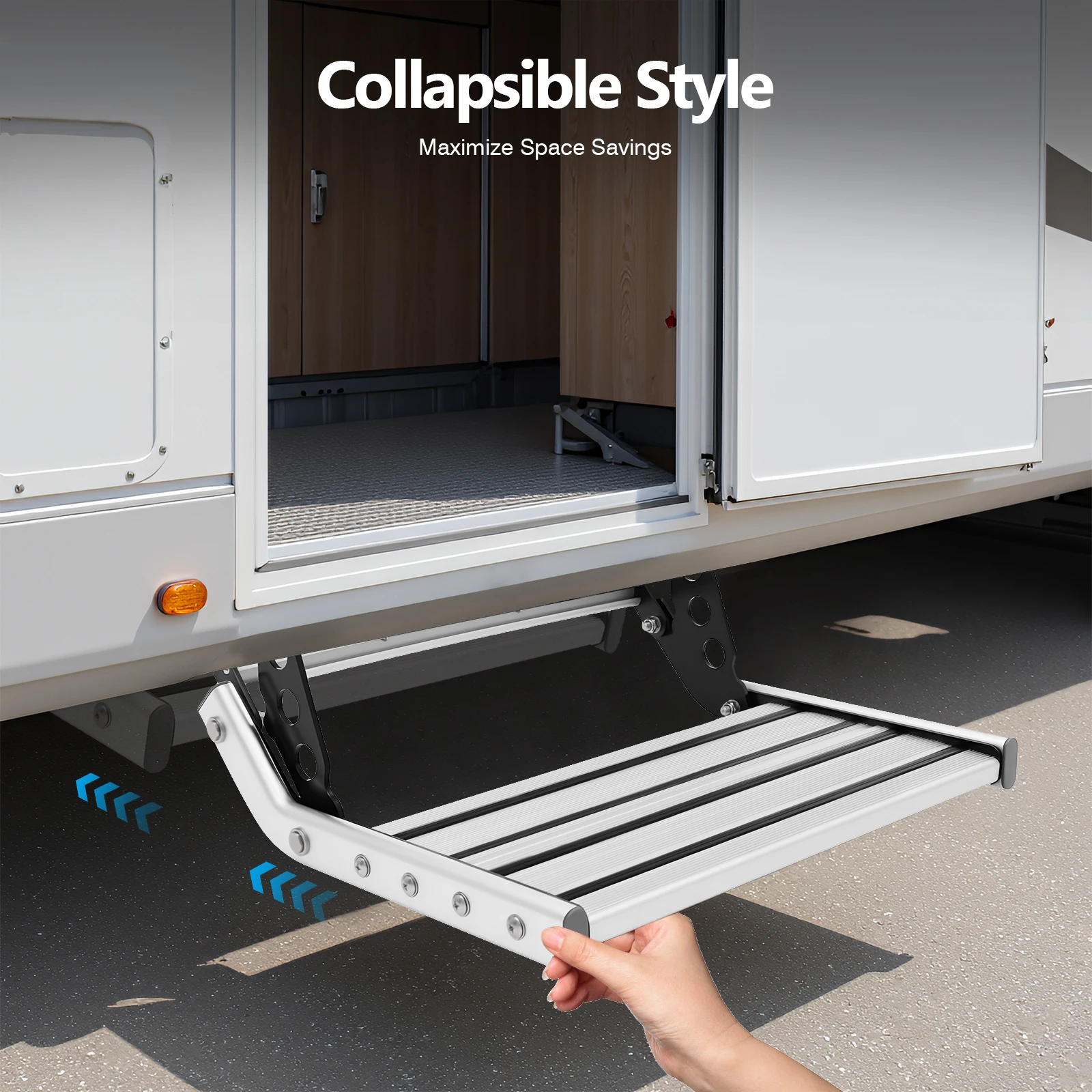 

RV Step with Yellowish LED Light Bar, Folding Aluminum Alloy Camper Step, Non-Slip Entry Step for Motorhome Caravan Night Safety