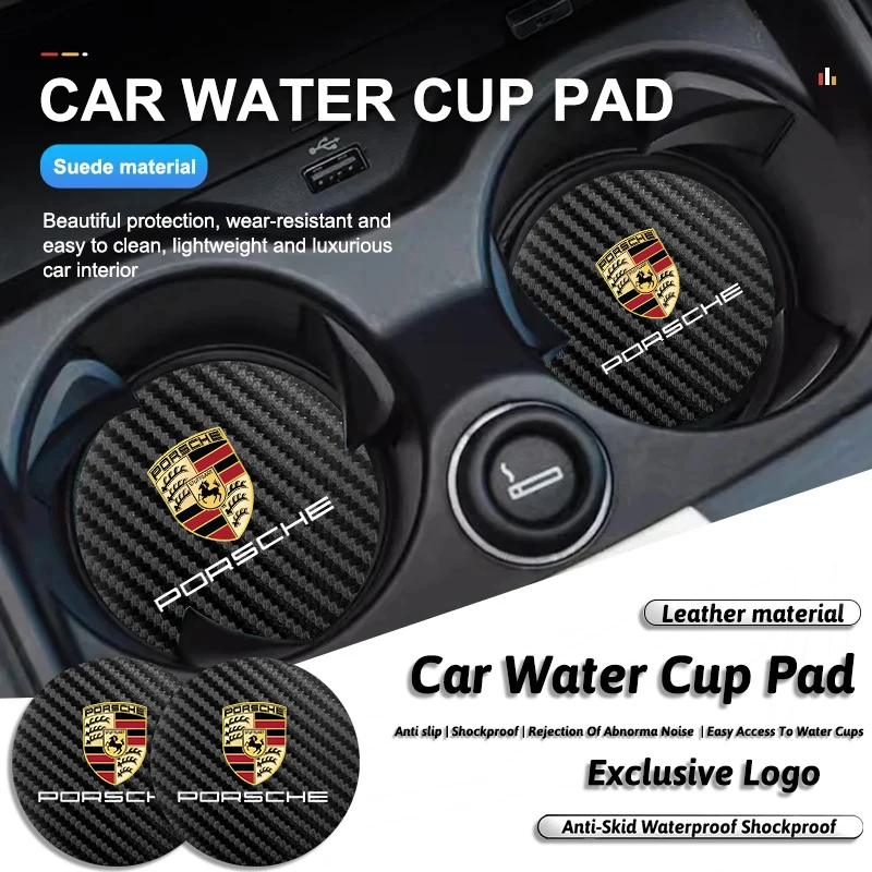 2Pcs Car Waterproof Coaster Non Slip Water Cup Pad Mat For Porsche Panamera Taycan 911 718 Macan Cayenne Boxster Cayman 918