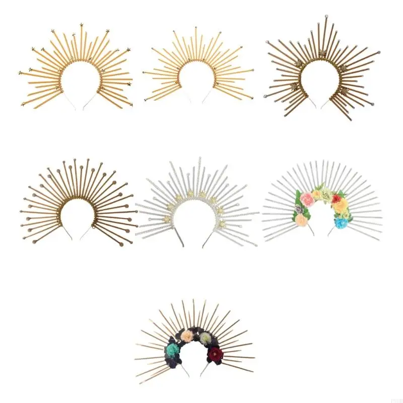 

P8DB Gold Crowns Hair Bands Cosplay Headdress Crowns Party Halloween Costume Five-pointed Star Round Headband