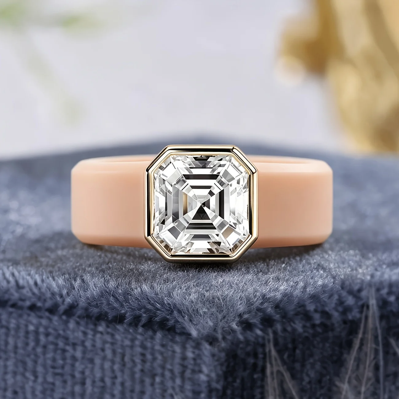 Premium CZ Silicone Ring Khaki Wide Soft Band Rose Gold & Silver Bezel Stackable Daily Party Jewelry Accessory