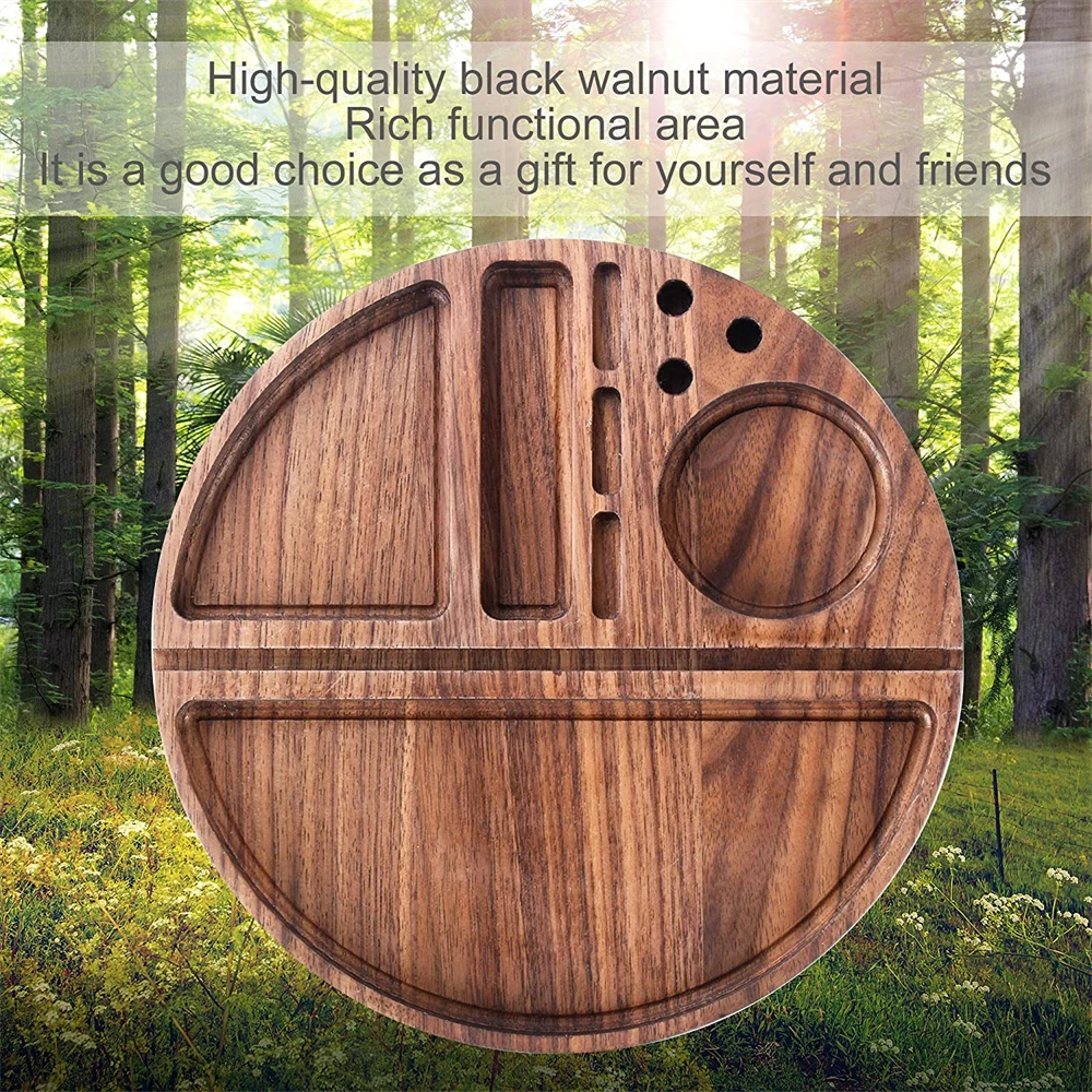 Wood Rolling Tray Black Walnut Smoking Rolling Paper Console Tobacco Herb Grinding Rolling Weed with Tray 3 Tobacco Slots