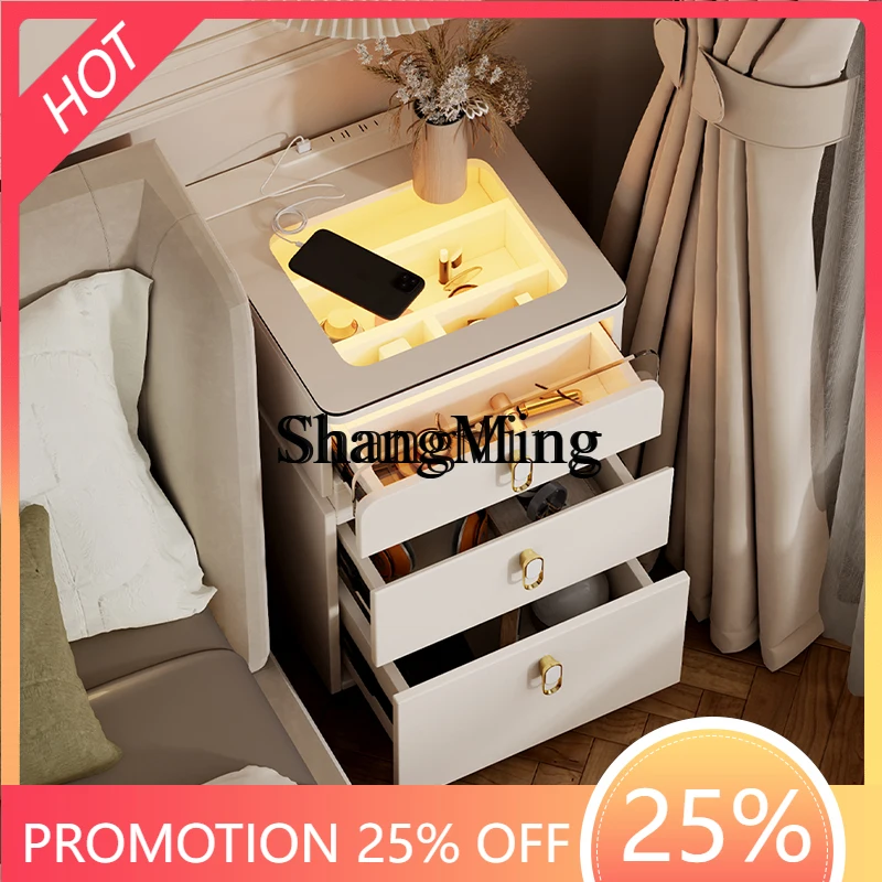 

FG Table Tempered Glass with Ambient Light Large Capacity Three-Drawer Bedroom Bedside Storage Cabinet