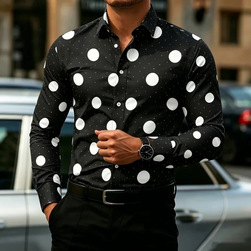 Men's Polka Dot Long Sleeve Shirt, Slim Fit Casual Shirt, Outdoor Casual Fashion Trendy Men's Top
