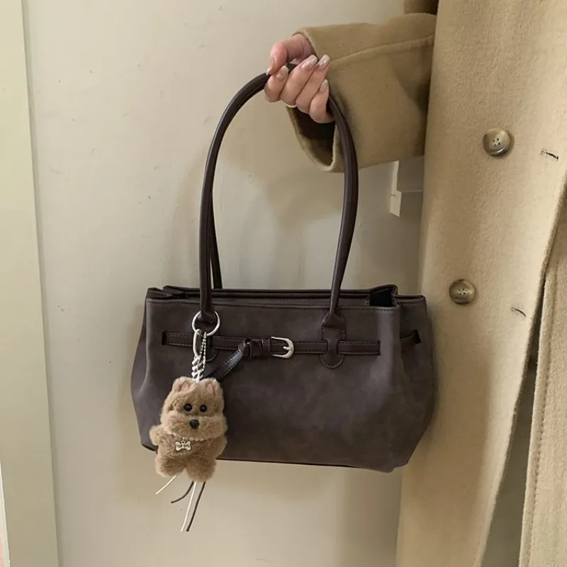 

Vintage Suede Tote Bag, Dual Carry Design, Spacious & Stylish with Belt Buckle Detail for Everyday Casual Activities Handbags