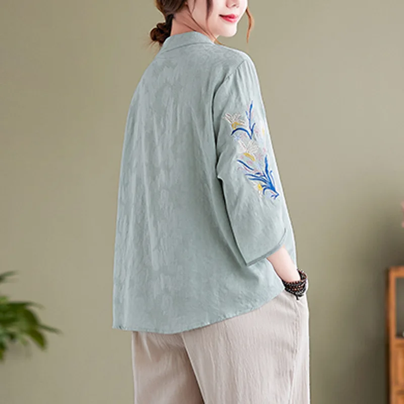 2024 Summer Women Vintage Ethnic Style Embroidered Blouses Casual Solid Loose Cotton Linen Shirts Ladies V Neck 3/4 Sleeve Tops