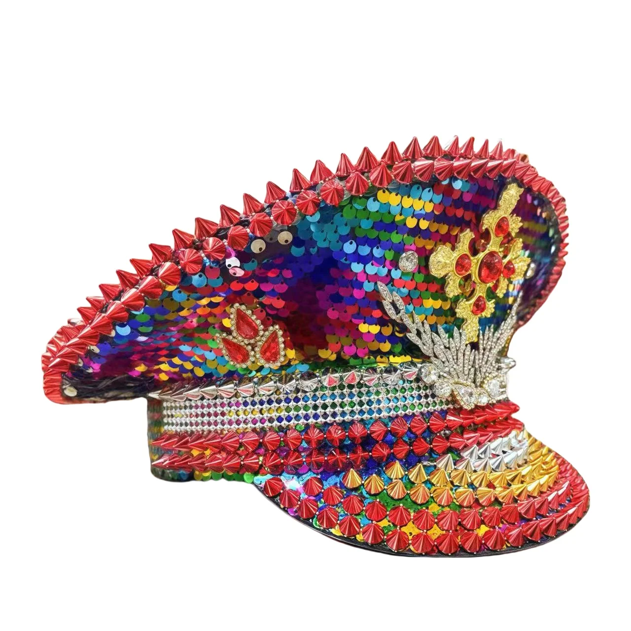 HongLuan Yellow Laser Leather Loop Captain Hat Rhinestone & Military Caps for Woman, Rave Festivals Accessories ＆ Party Cap Man