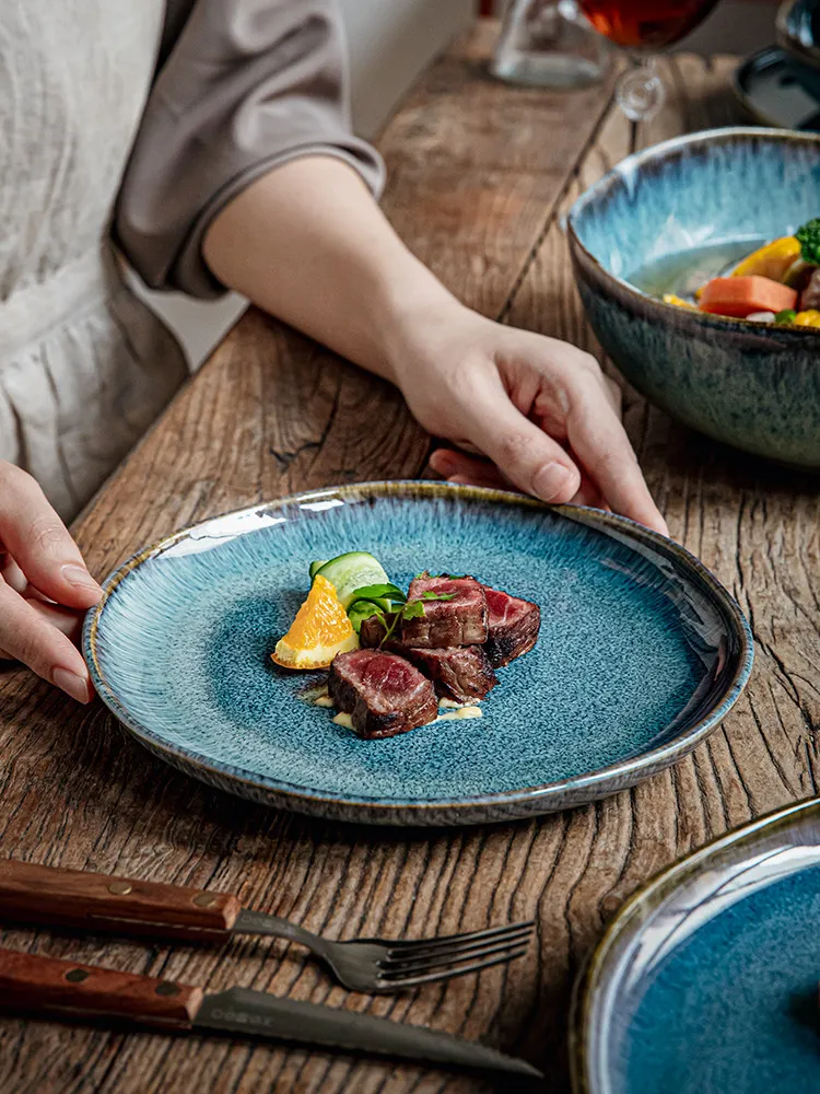 Blue Kiln Glaze Irregular Ceramic Tableware Set Wavy Edge Stoneware Plates and Bowls Rustic Style Dinnerware for Home Kitchen