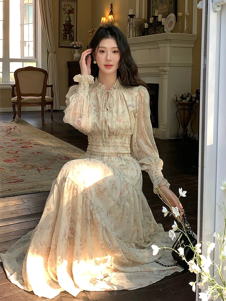 Robe de thé français 2024 - Robe en mousseline de soie florale à taille smockée pour femme avec manches bouffantes et poignets froncés f118