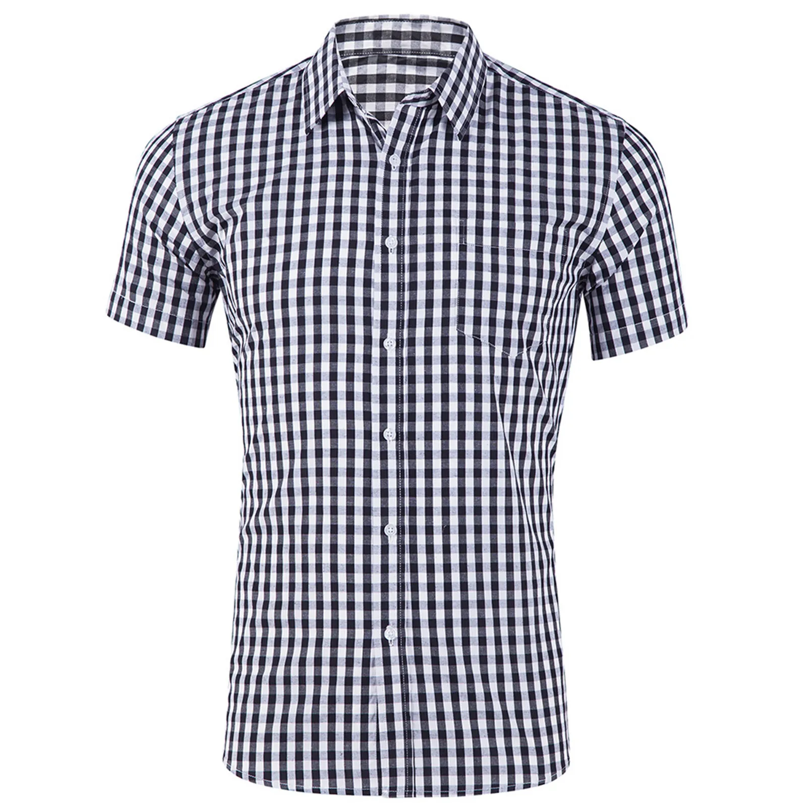 Camisa de algodão xadrez pequena masculina, clássica, sólida, manga curta, com botões, casual, ajuste regular, vestido guingão, marca