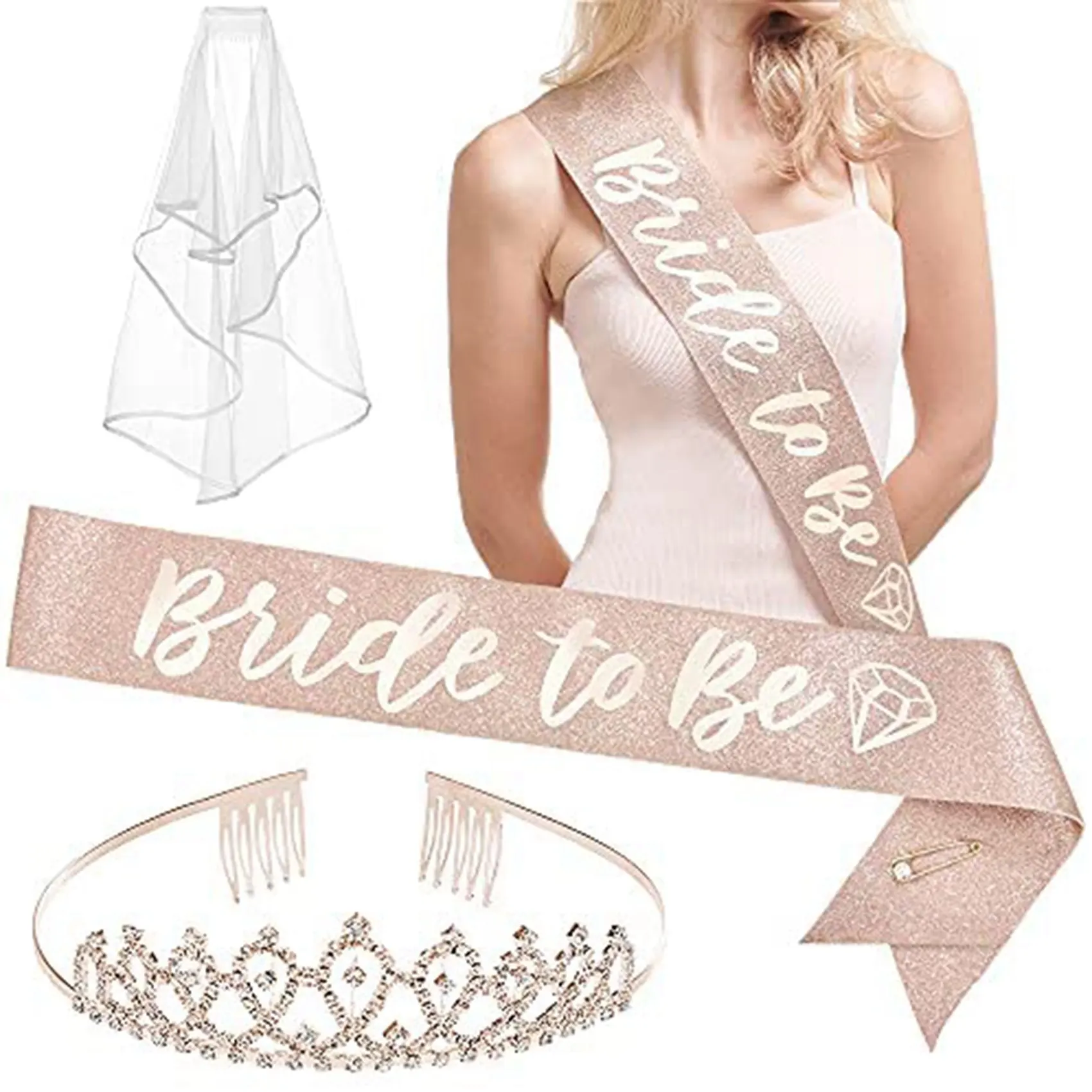 Bachelorette Party Decorations Rose Gold Glitter Kit Bridal Shower Supplies Bride to Be Sash, Tiara, Veil