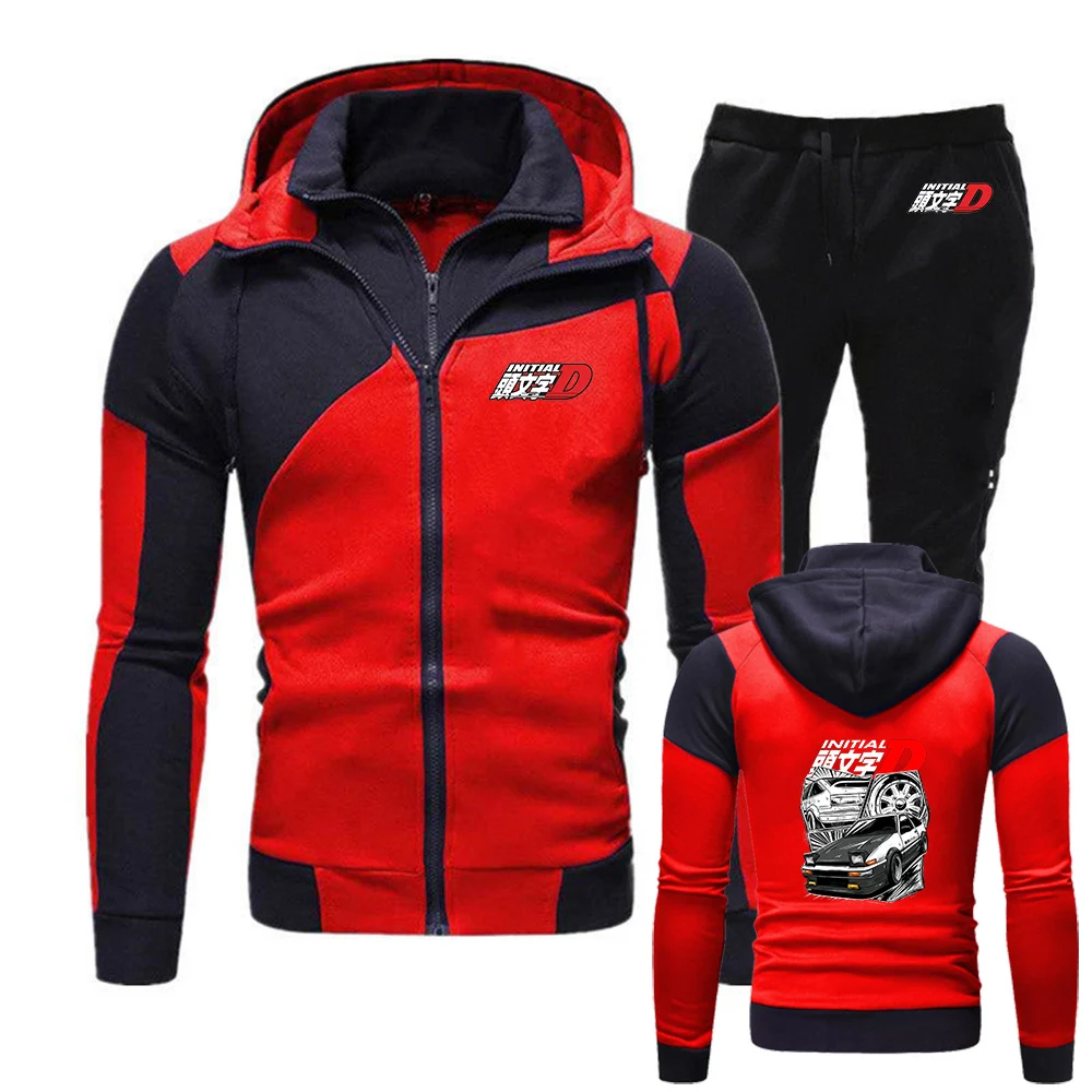 

Initial D JDM Car Illustration Logo Print High-end Luxury Diagonal Zipper Drawstring Fitness Hoodies Pants Sports Suits
