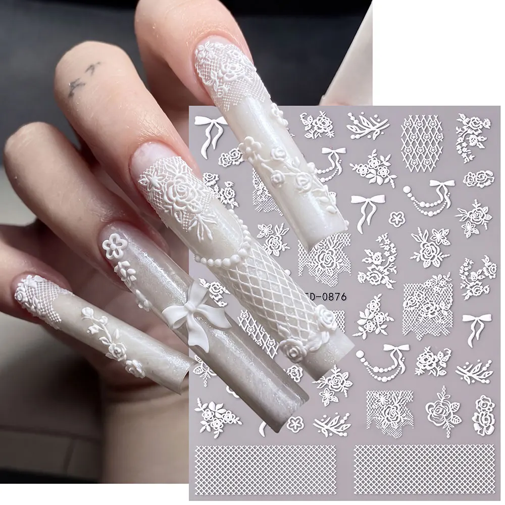 1Pcs 5D Embossed White Lace Nail Stickers Lace Butterfly Flower French TIps Nail Decals Self-adhesive French Lace Nail Supplies