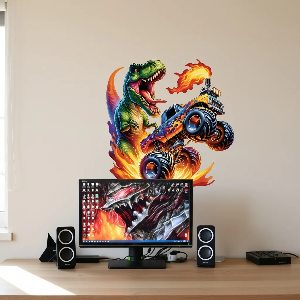 1pc T-Rex Monster Truck Self-Adhesive Wall Sticker,Suitable for Kids Room,Boys Room,A Cool Gift for Car and Dinosaur Enthusiasts