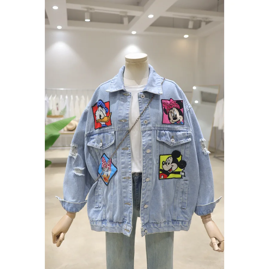 Sewing Beads Cartoon Embroidery Long Sleeve Coat Female 2024 Spring Autumn Loose All-Match Washed Broken Denim Jacket Women