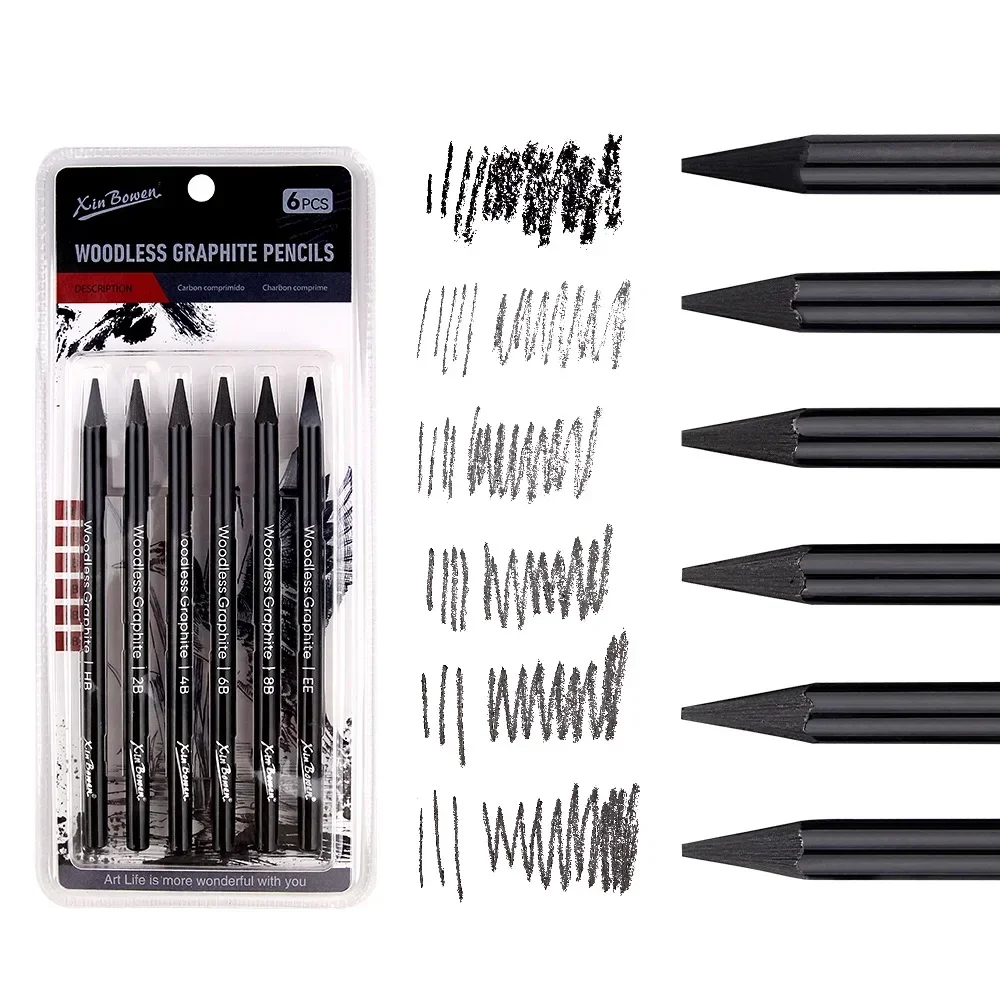 6pcs Woodless Graphite Pencils Set HB 2B 4B 6B 8B EE Sketch Drawing Black Charcoal Pencils Art Supplies for Artists Students