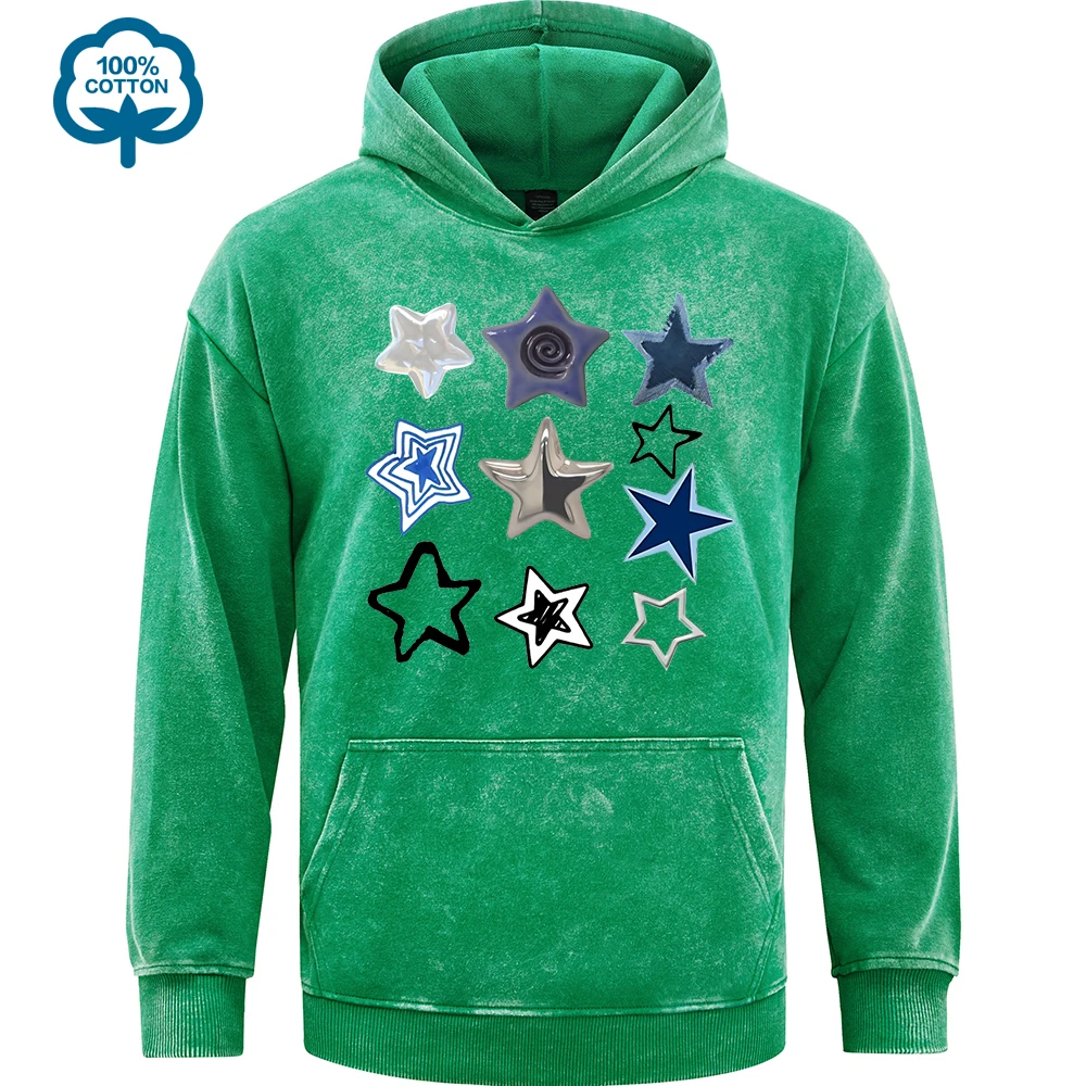 Five Pointed Stars In Different Forms Pattern Mens Washed Hoodie Loose All-Match Hoody Autumn Cotton Clothing Pocket Streetwear