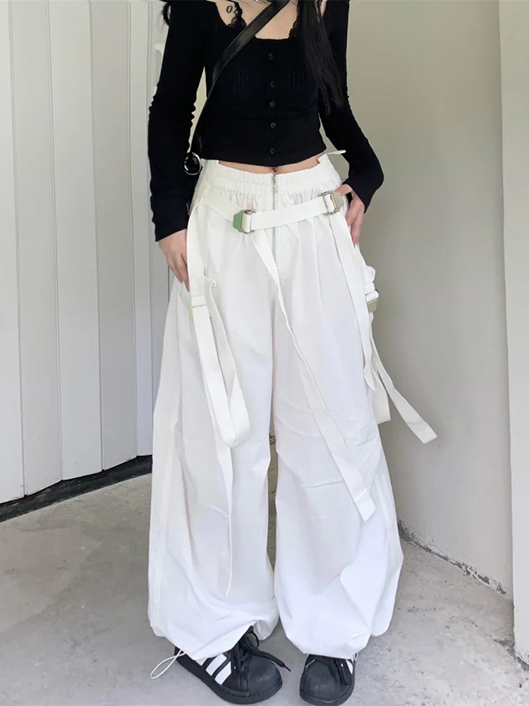 American White Spicy Girl Workwear Pants Women'S Design Sense Drawstring Pockets Loose Fitting Wide Leg Casual Pants