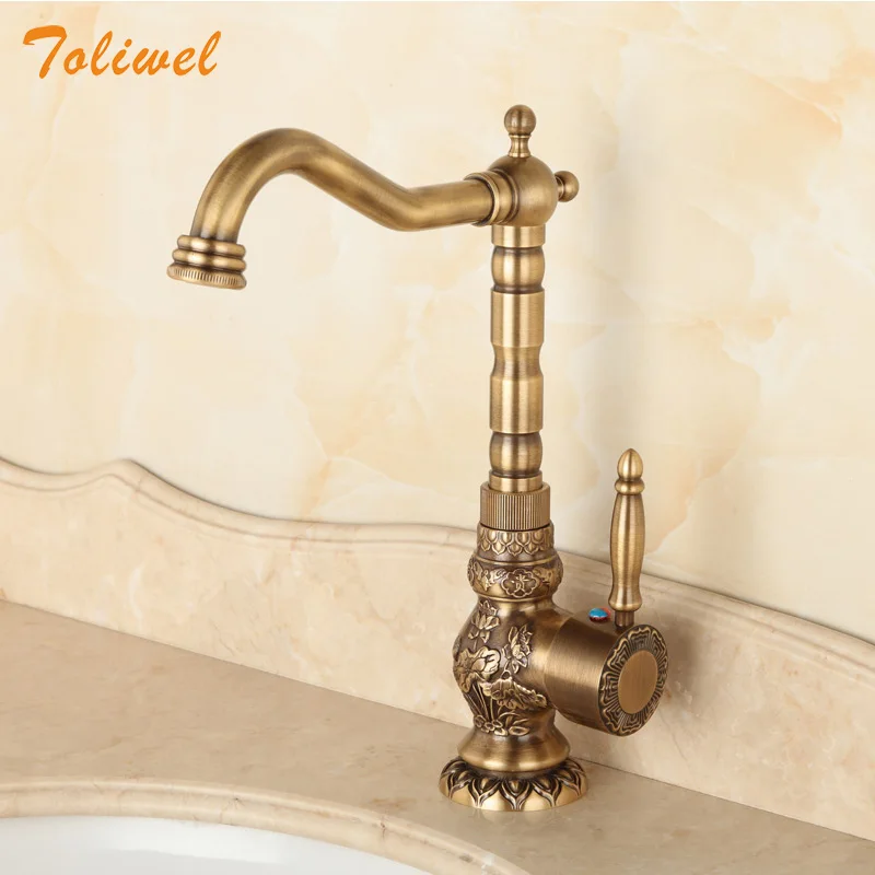 

Antique Bathroom Kitchen Faucet Lavatory Vessel Sink Basin Solid Brass Mixer Tap Swivel Spout Cold And Hot Water