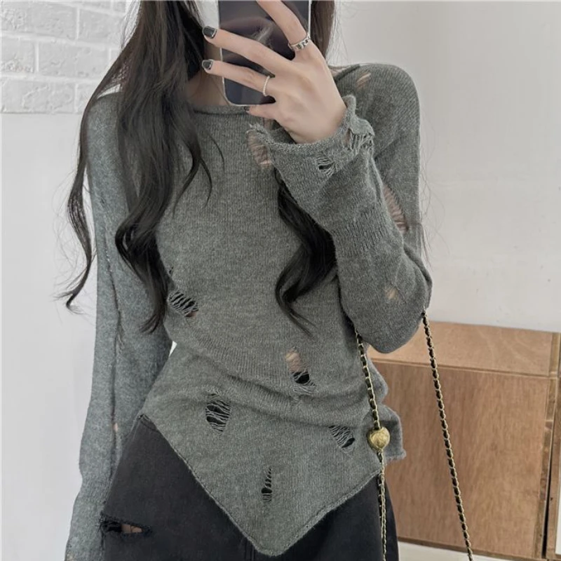 Pullovers Women Holes Side-slit Irregular Slim O-neck Pure Korean Style Cozy Fashion Casual New Chic Streetwear Simple All-match