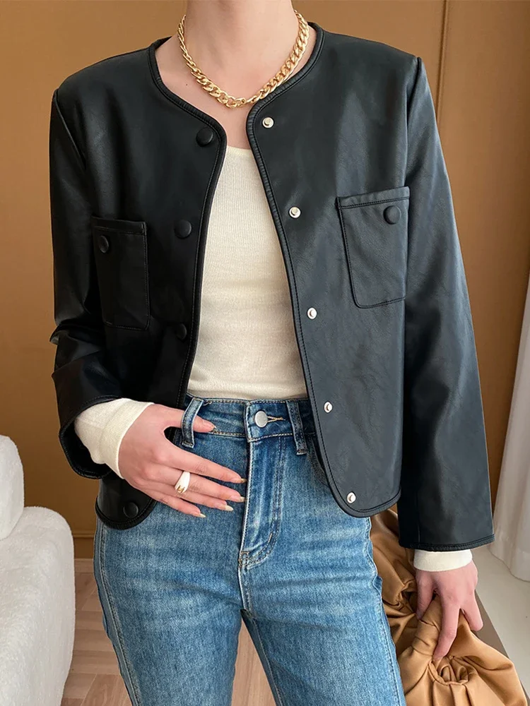 Simple O-neck Faux Leather Jacket for Women Spring Autumn 2025 Casual Slim-fit Short Matte PU Leather Jackets jaqueta de couro