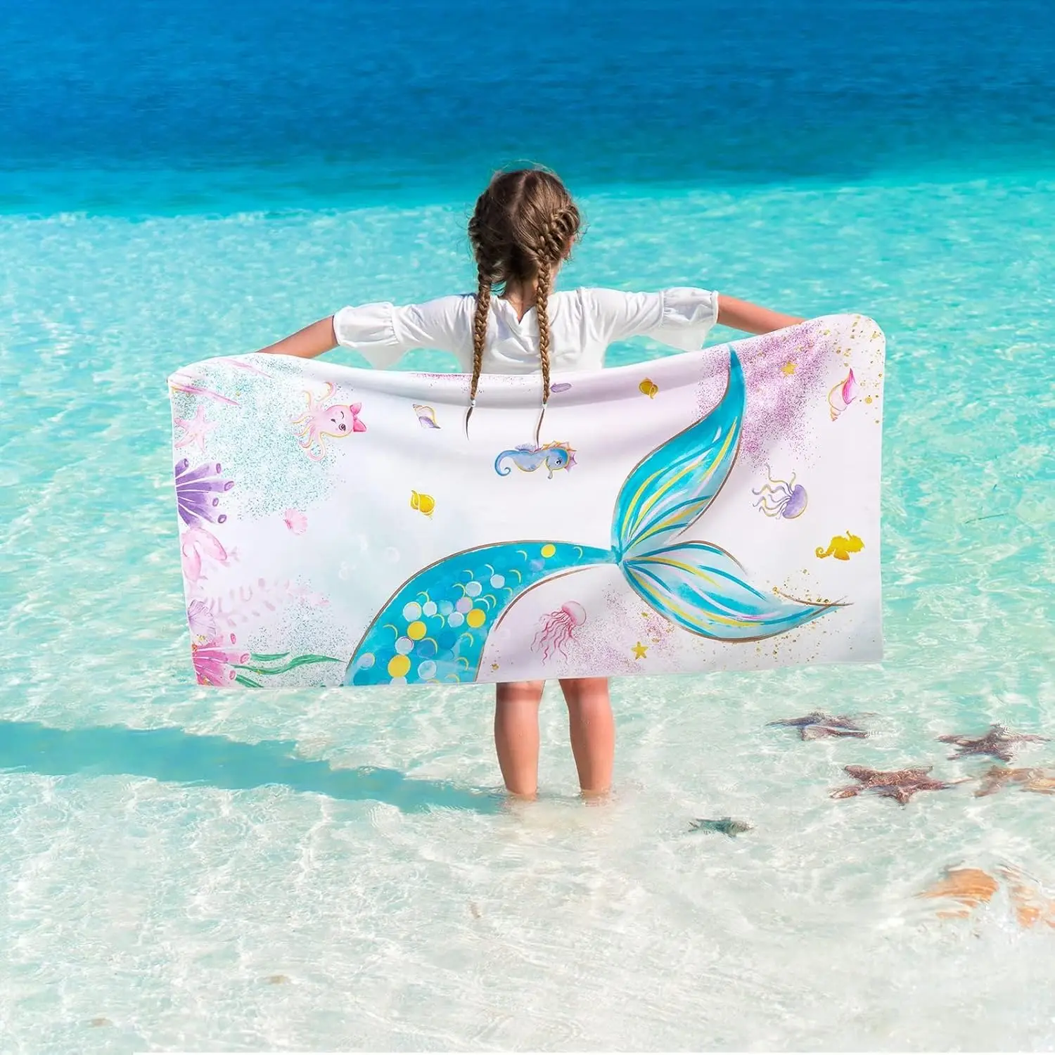 Magic Mermaid Beach Towel for Girls, Colorful Ocean Princess Art Quick-Dry Sand-Free Microfiber Bath Towel for Pool and Trave