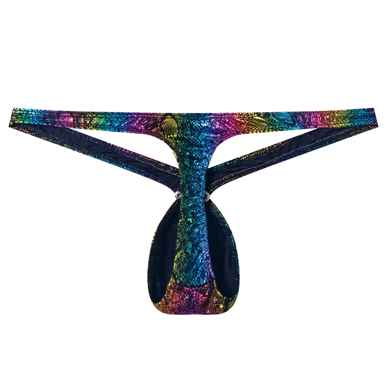 Thong Bikini Men Sexy G String Underwear Low Rise T-back Bulge Pouch Lingerie Underpants Snake-print Rainbow Faux Leather