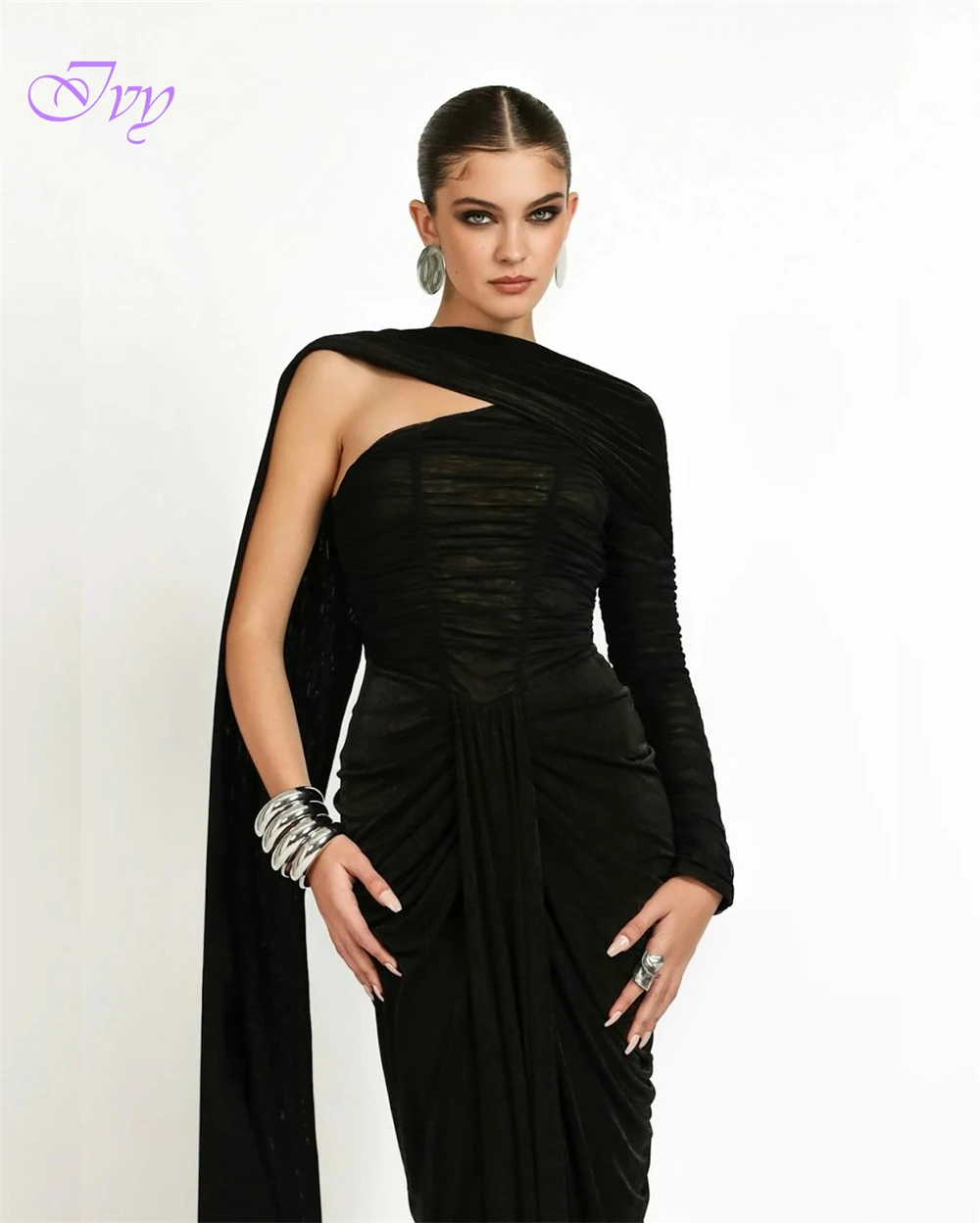 Customized Classic One Shoulder Long Sleeves Evening Dress  See Through Tulle Prom Dresses Delicate Bespoke Occasion Gowns