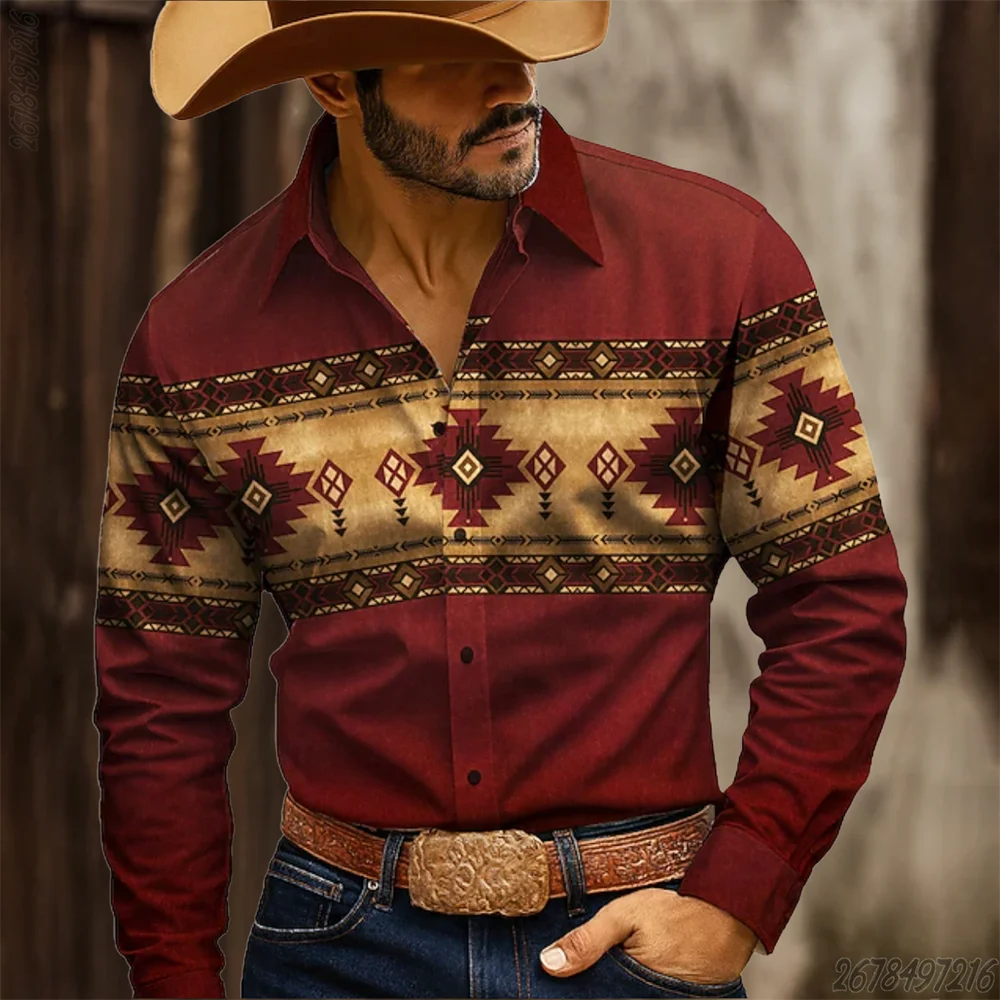 Vintage Southwest Tribal Geometric Border Print Men Long Sleeve Button Down Shirt Western Style Daily Top For