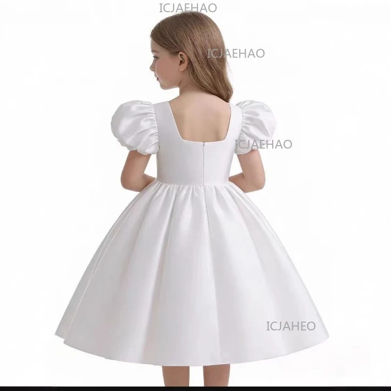 2026 New Girls Evening Dress Children White Banquet Puff Sleeve Short Princess Gown Satin First Birthday Formal Pageant Costume