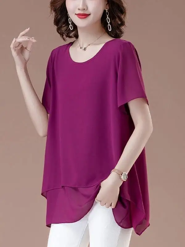 

Summer New Sle Loose Fit round Ne ort Sve Pure Color Midi Length Slimming Women's Chiffon Top Faionable Versatile