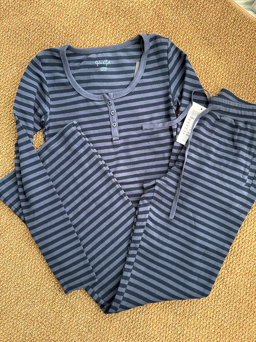 

Navy Striped 2 Piece Sets Women Vintage Buttons Cotton Long Sleeve Tee Straight Trousers Home Sweet T-shirt Pant Pajama Set Y2K