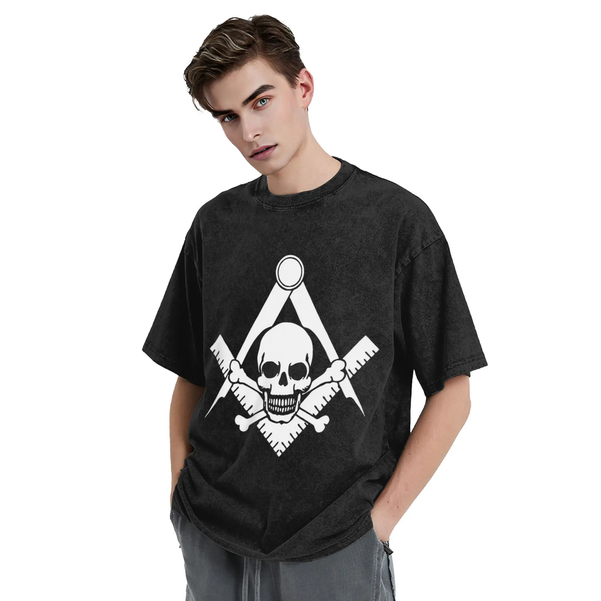 

Skull and Cross Bones Square Compass Masonic Freemason T-Shirt for Men Cotton T Shirts Men Short Sleeve Round Neck Clothes Tops