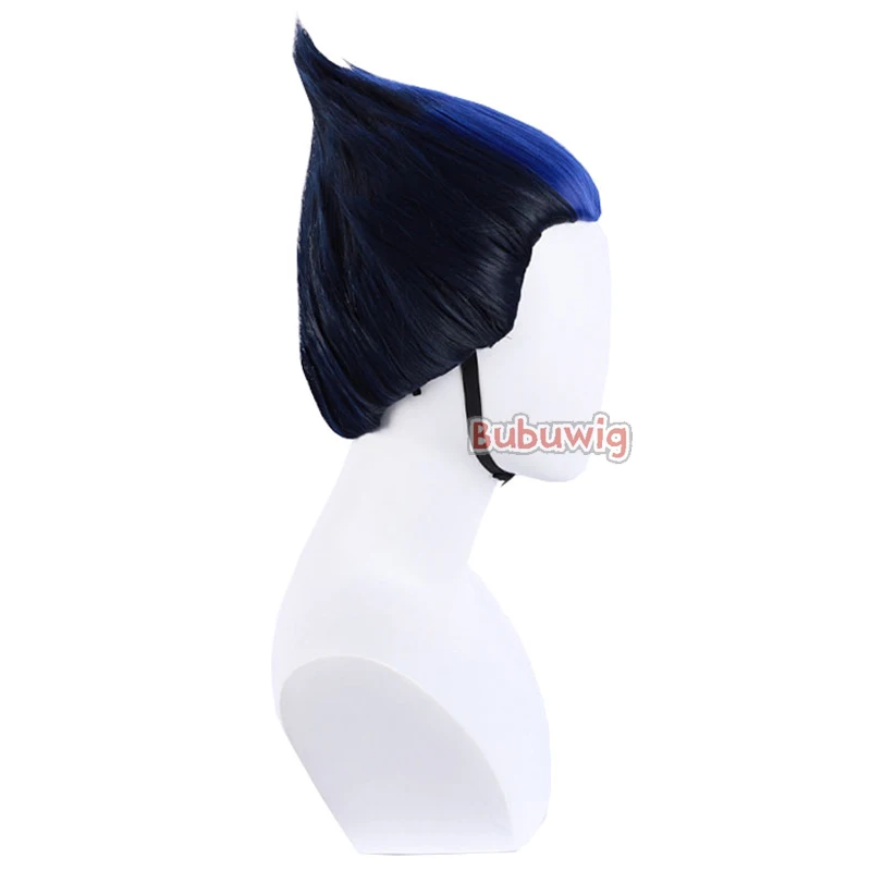 Bubuwig rambut sintetis Yoru Wig Cosplay Valorant Yoru 25cm lurus pendek hitam Campuran biru pria pesta Wig Cos tahan panas