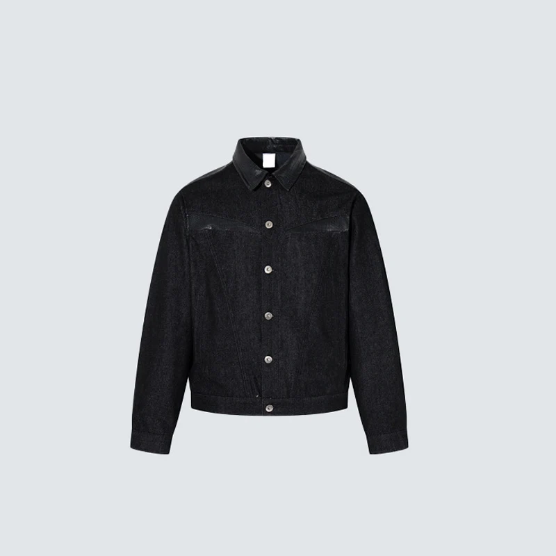 American Crocodile Leather Patchwork Denim Jacket Vintage Single Breasted Lapel Denim Jacket Leather Collar Workwear Top